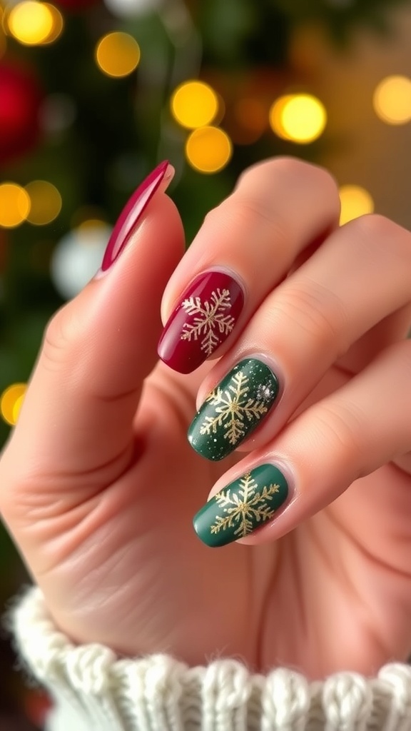 Elegant Christmas nail designs featuring red, green, and gold nail art with snowflakes and glitter.